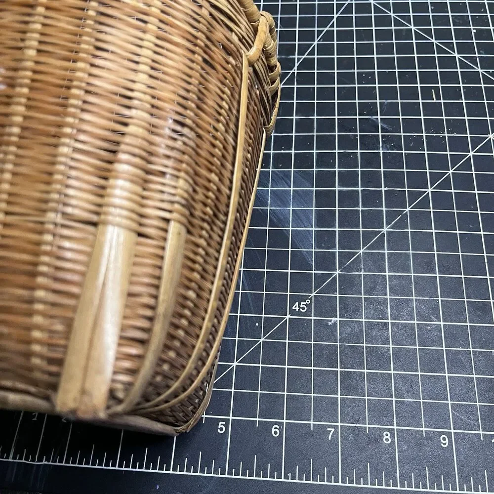 Vintage Handmade Wicker Rattan Basket Planter Brown W Tortoise Bamboo Reeds Boho
